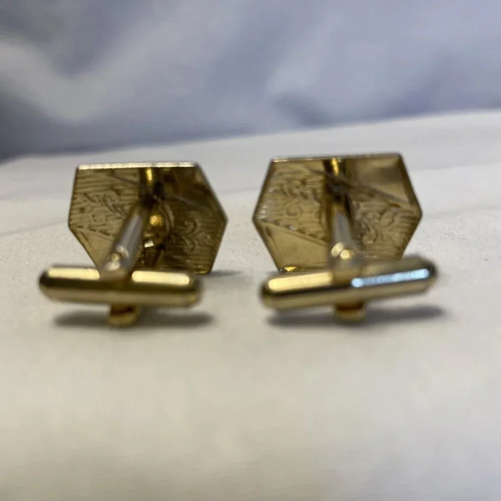 Mid Century Hexagon Scroll Design Cufflinks Vintage Gold Tone Bullet Backing